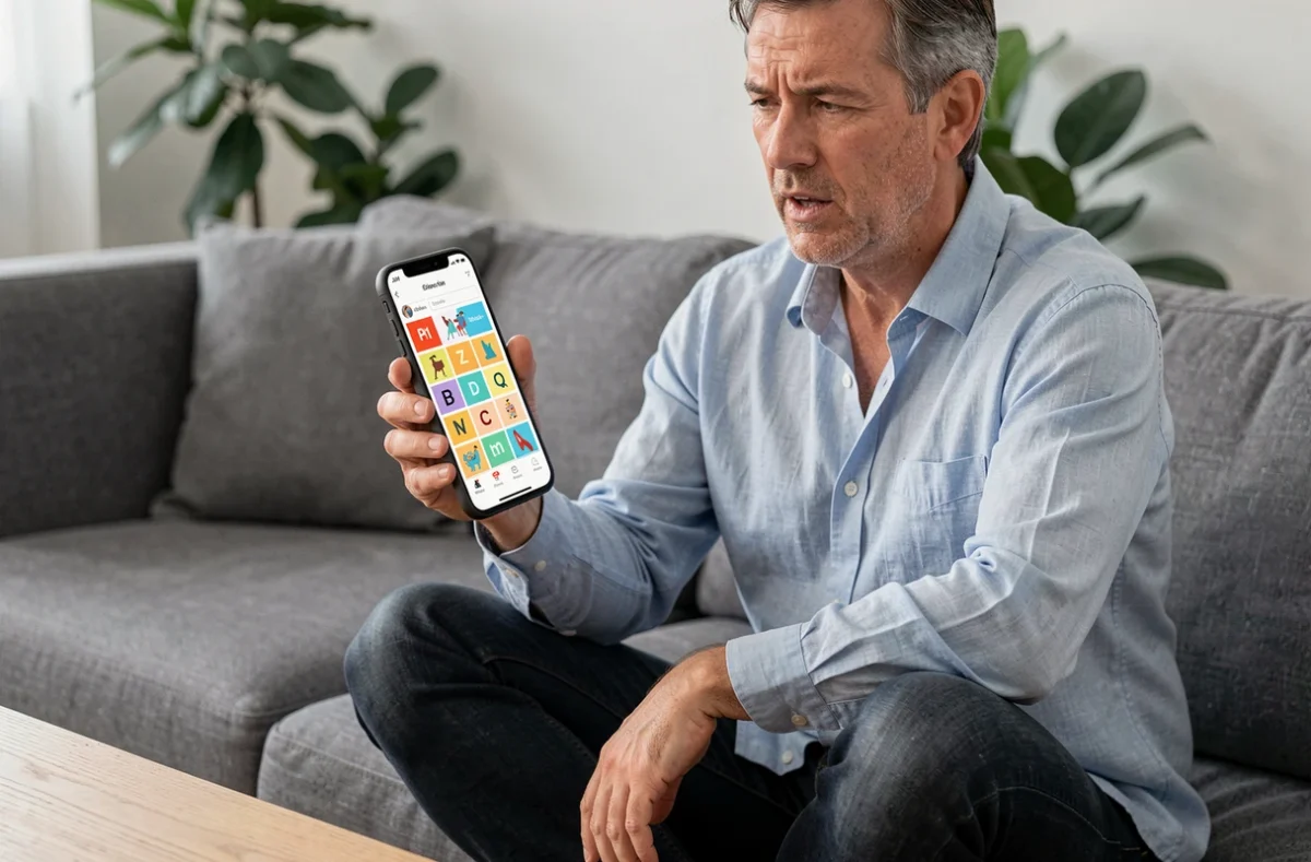 Homme jouant à un jeu de mots 4 mots 1 image sur smartphone dans un salon moderne