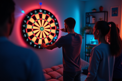 Groupe jouant au jeu de dart électronique dans un salon moderne