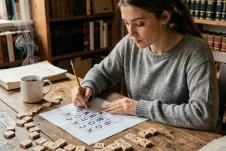 Jeune femme concentrée résolvant un jeu de mots 4 mots 1 image avec des lettres éparpillées sur un bureau en bois