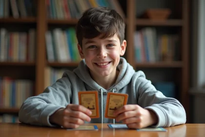 Jeune garçon souriant examinant des cartes à collectionner
