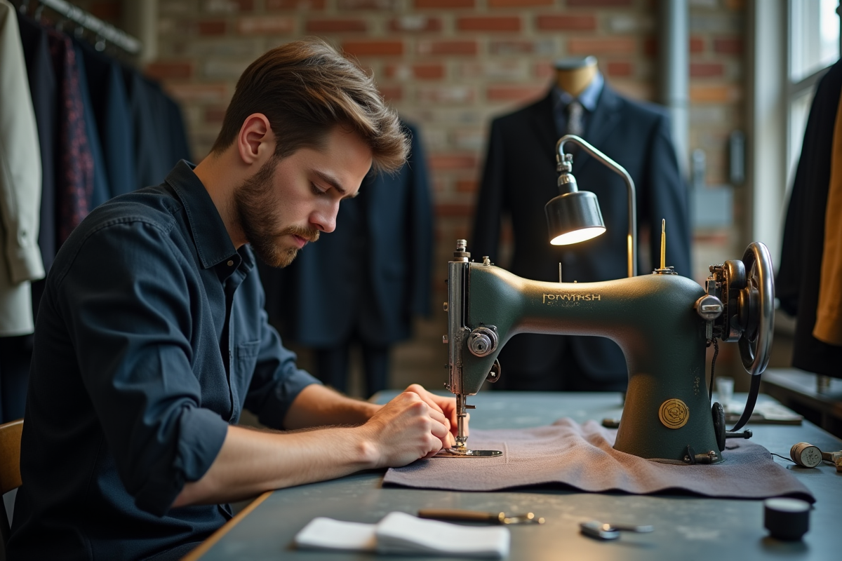 Jeune tailleur homme cousant à la machine dans l