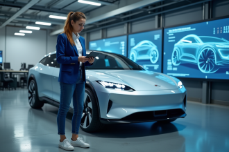 Jeune ingénieure automobile près d'une voiture électrique moderne