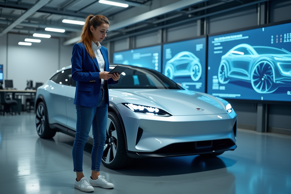 Jeune ingénieure automobile près d'une voiture électrique moderne