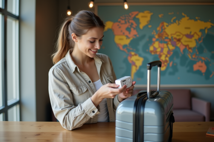 Jeune femme examinant un adaptateur universel en voyage