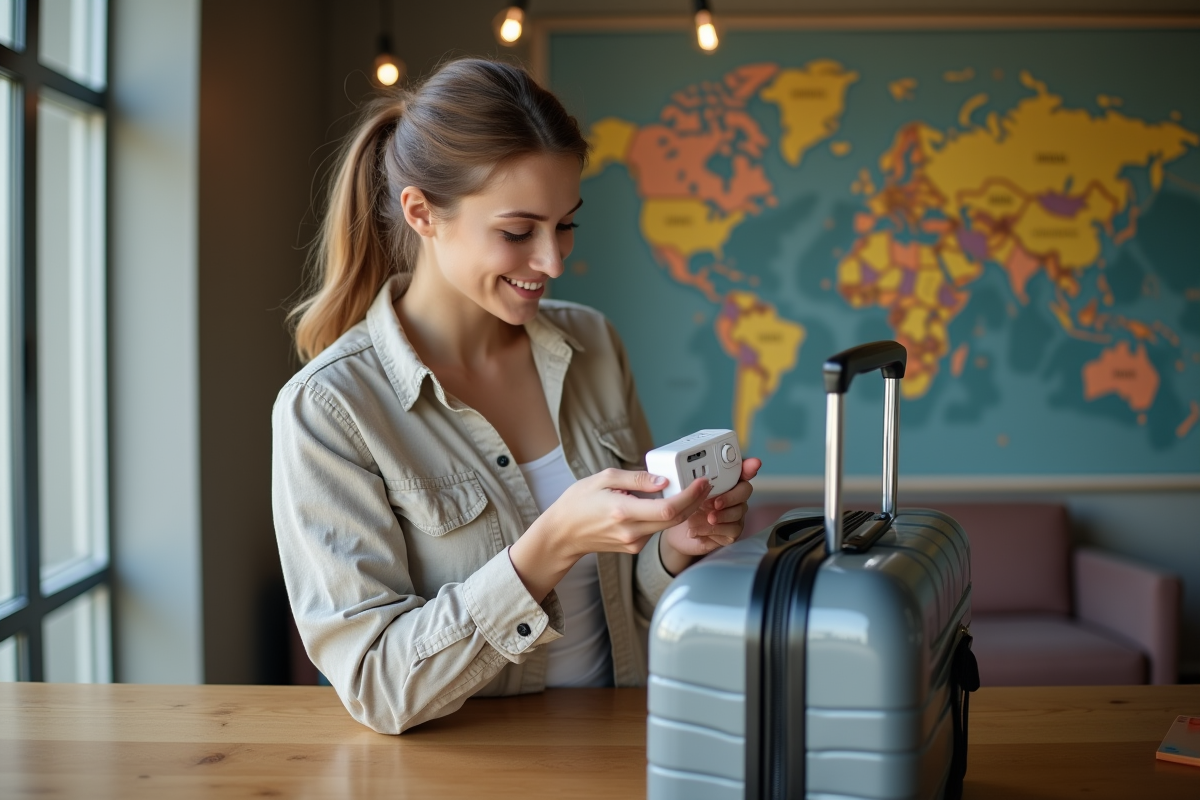 Jeune femme examinant un adaptateur universel en voyage