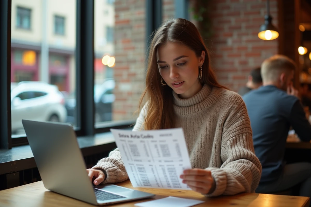 Jeune femme au café regardant une liste de codes internationaux