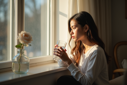 Jeune femme fatiguée assise près d'une fenêtre avec lumière naturelle