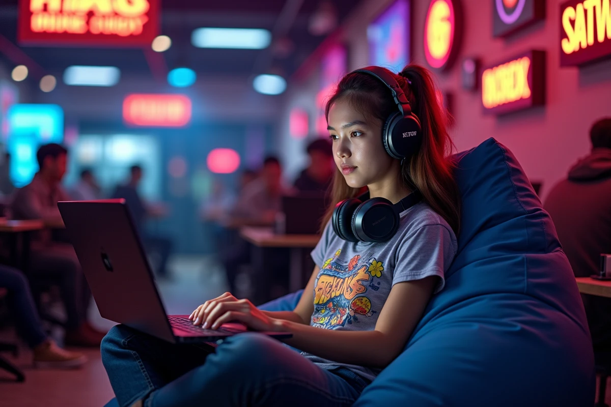 Jeune femme installant un mod Snoki pour Friday Night Funkin sur un laptop dans un café gaming coloré