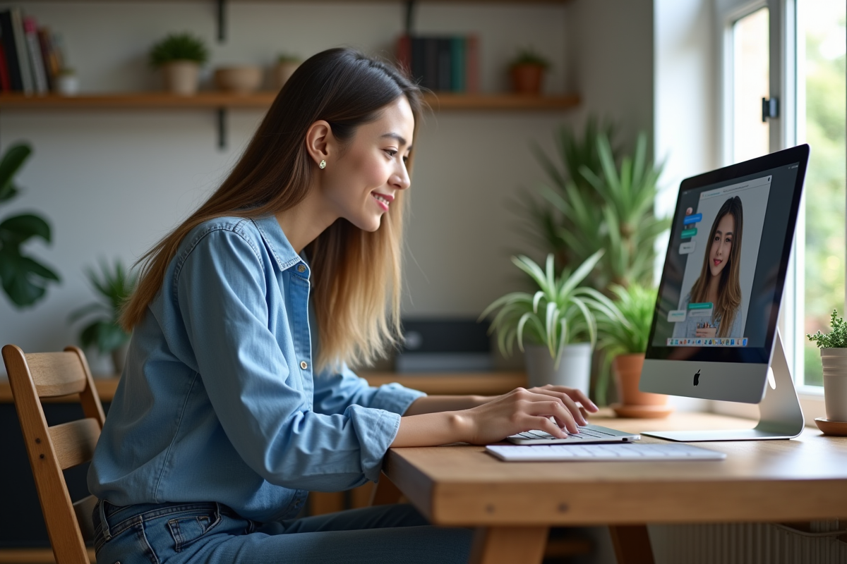 Jeune femme concentrée devant son ordinateur dans un espace cosy