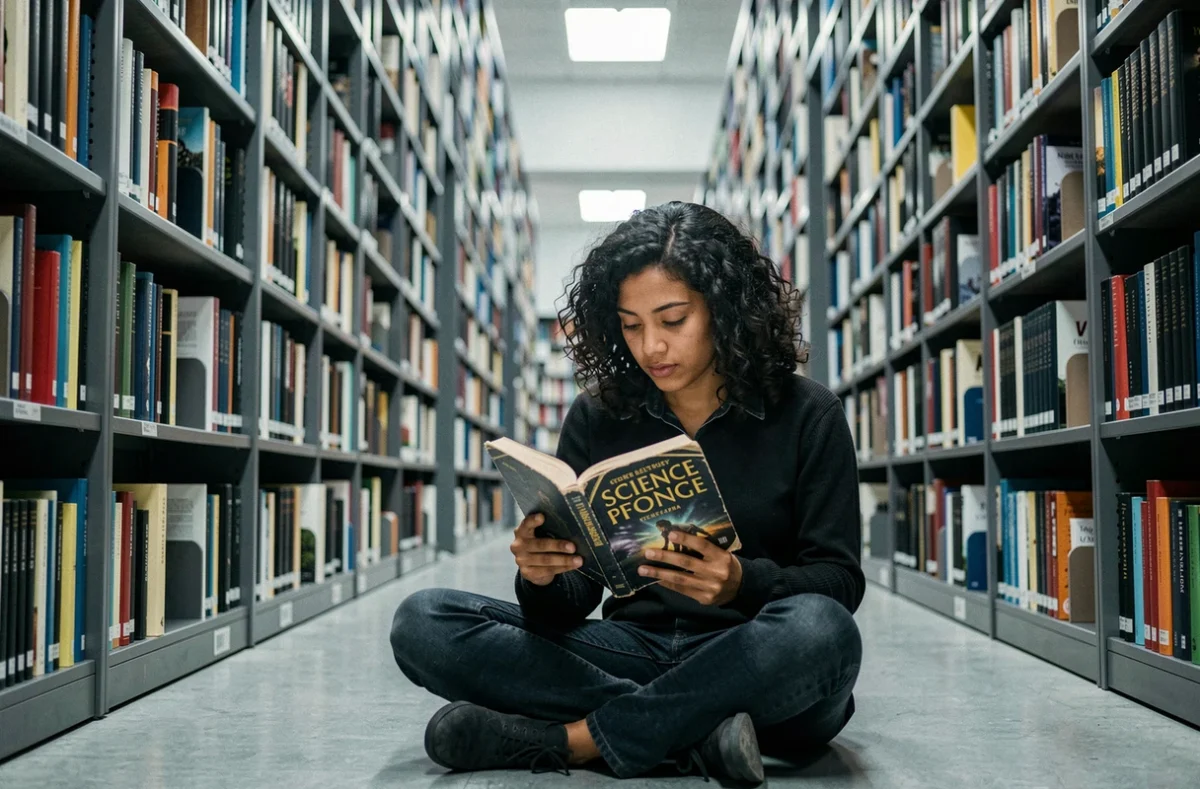 Jeune femme lisant un roman de science-fiction d'Asimov dans une grande bibliothèque publique avec des rayonnages imposants