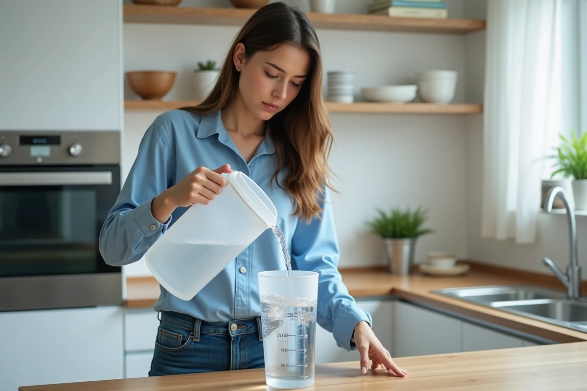 Jeune femme en cuisine mesurant de l'eau avec un verre doseur