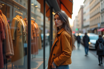 Jeune femme élégante devant une vitrine de magasin de mode