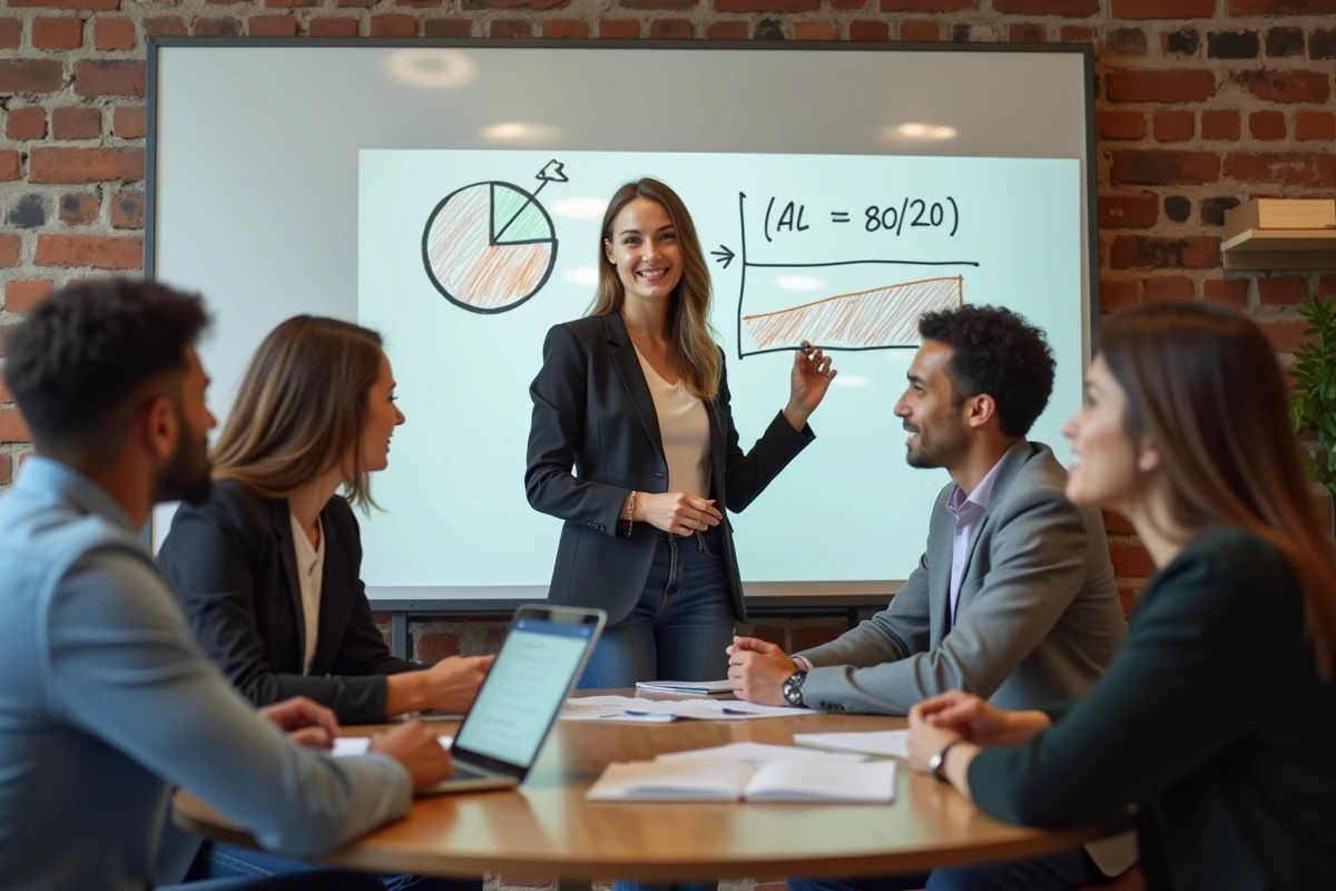 Jeune femme dessinant un diagramme sur un tableau blanc en coworking