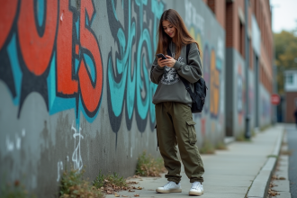 Jeune femme en streetwear urbain vérifiant son téléphone