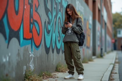 Jeune femme en streetwear urbain vérifiant son téléphone