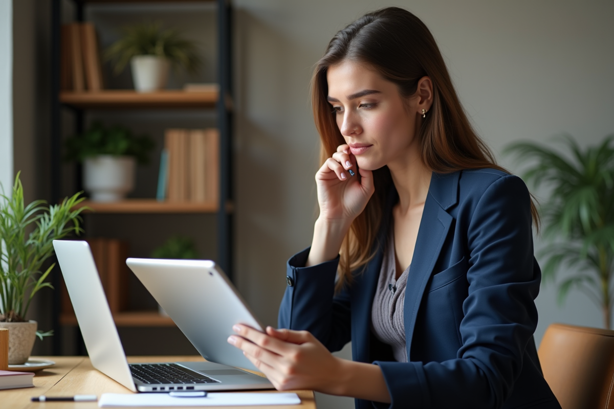Jeune femme comparant deux tablettes dans un bureau cosy