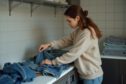 Jeune femme triant des vêtements vintage dans une buanderie moderne