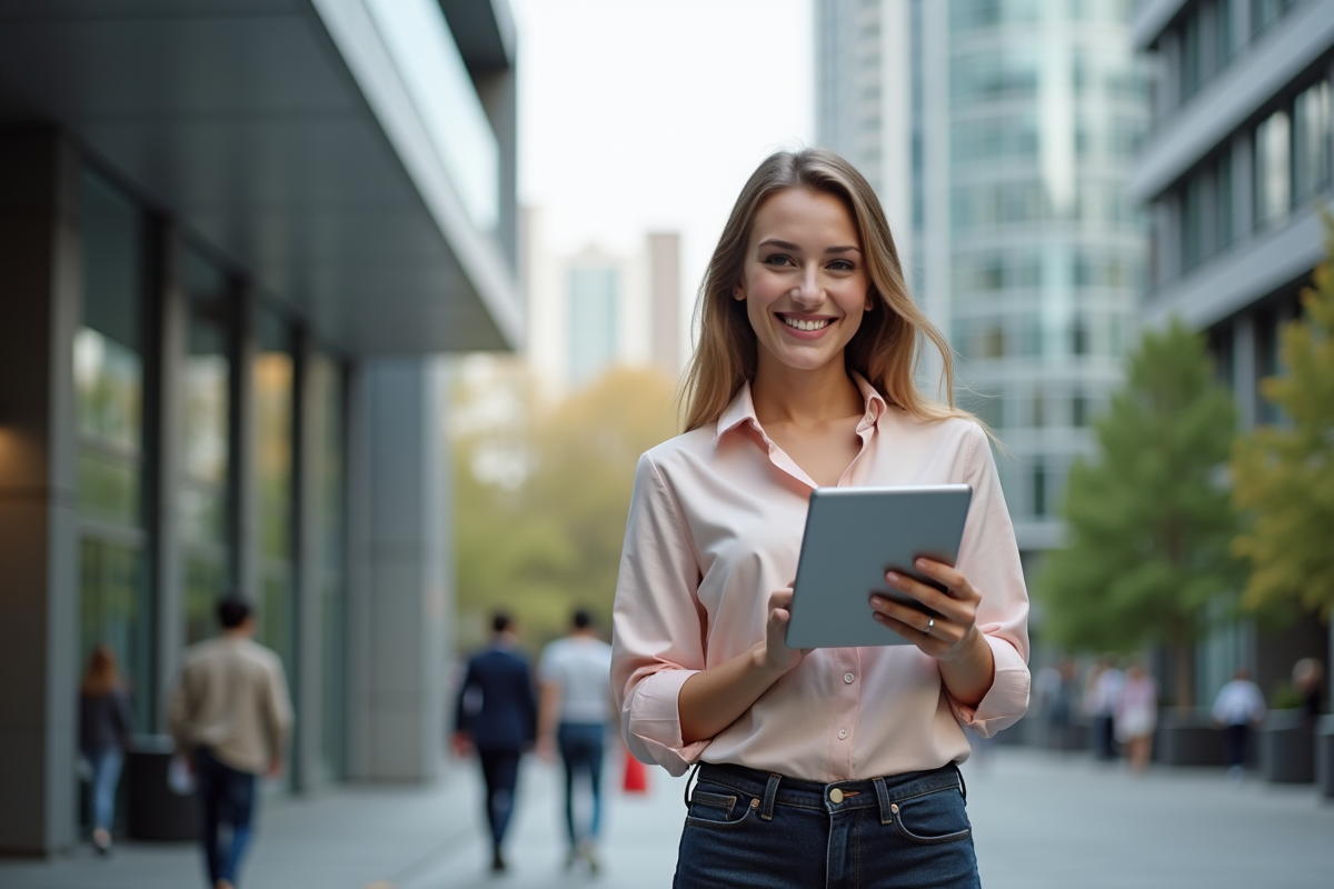 Jeune femme souriante avec tablette dans un quartier financier