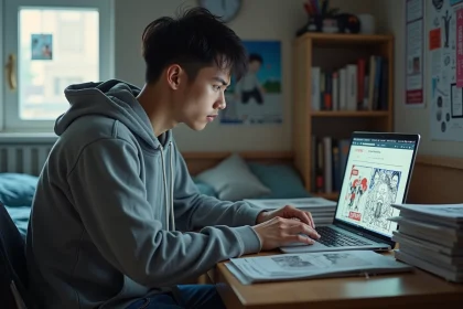 Jeune homme regardant son laptop avec manga en fond