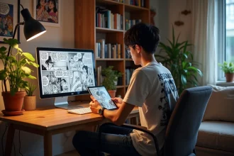 Jeune homme lisant manga sur tablette dans un appartement cosy