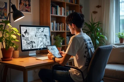Jeune homme lisant manga sur tablette dans un appartement cosy