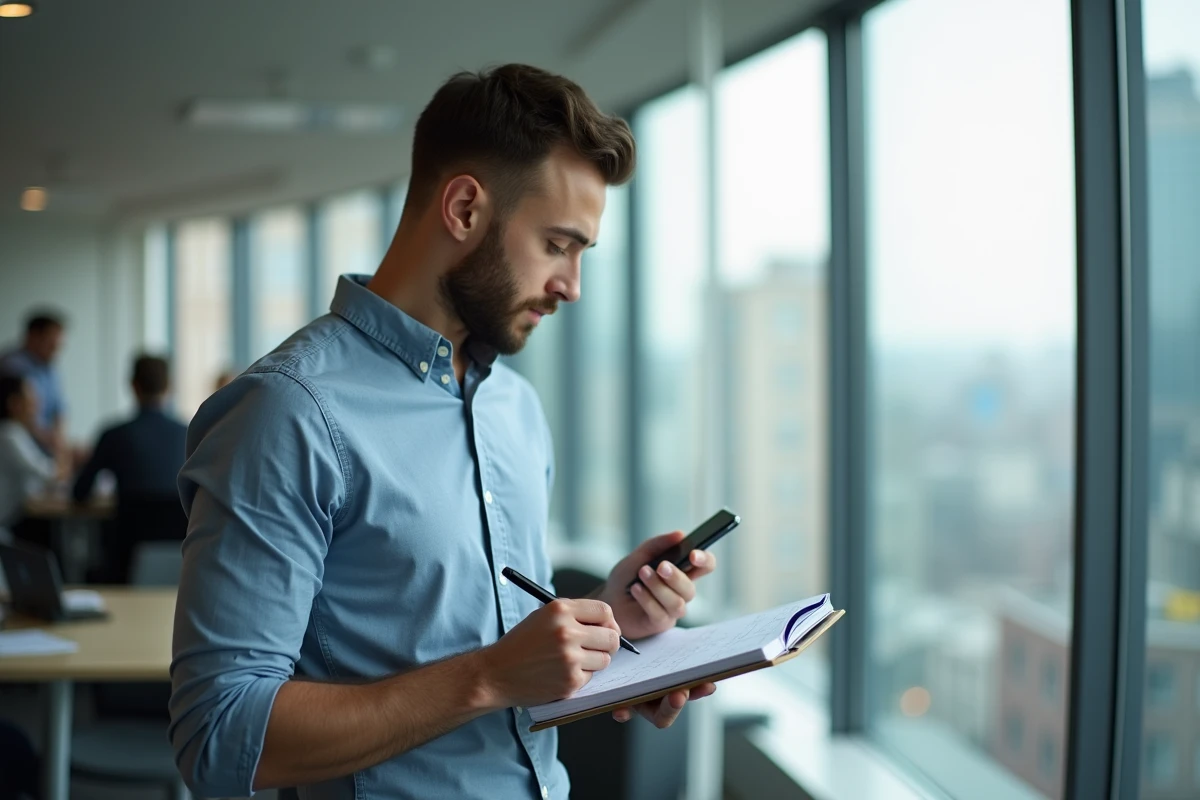 Jeune homme planifiant dates avec planner et smartphone