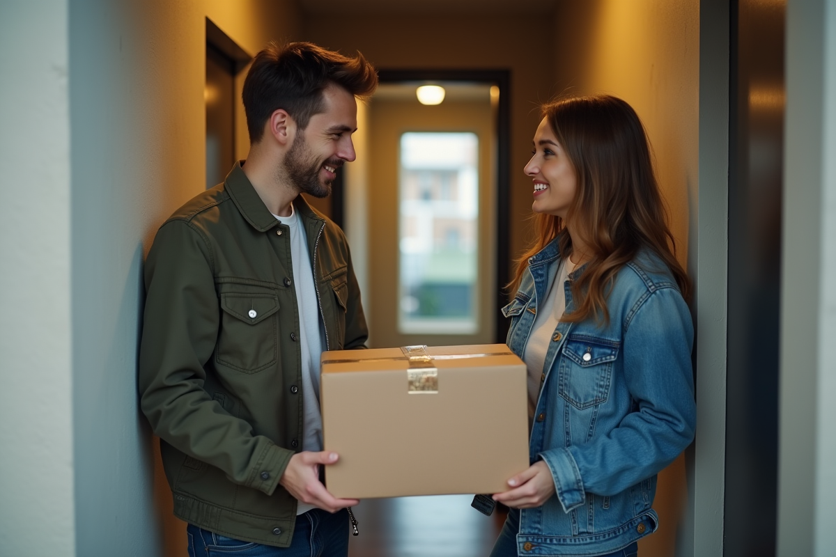 Jeune homme donnant un colis à une femme dans un couloir d