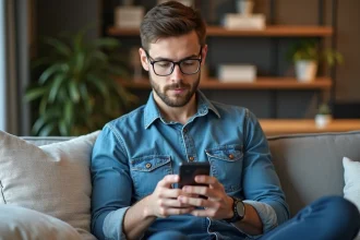 Jeune homme en denim utilisant son smartphone dans un salon cosy