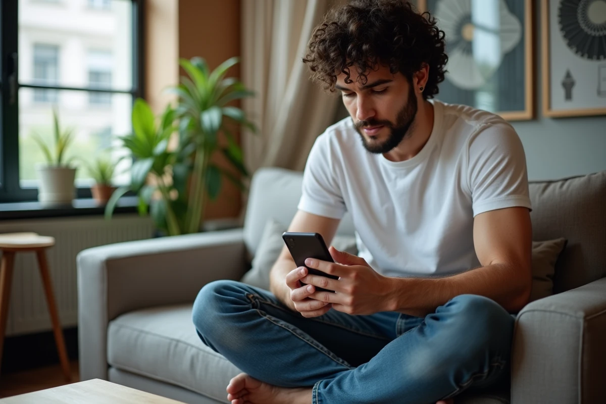 Jeune homme consultant le portail France Travail sur son smartphone pour gérer sa désinscription en ligne