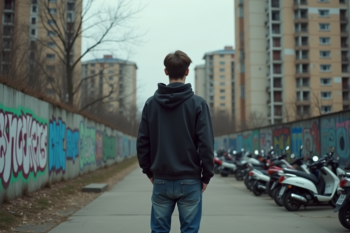 Jeune homme dans une place urbaine graffitée en extérieur