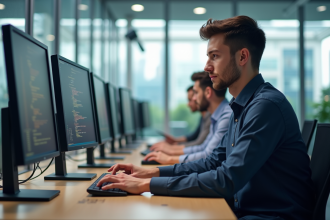 Jeune professionnel travaillant dans un bureau moderne avec plusieurs écrans