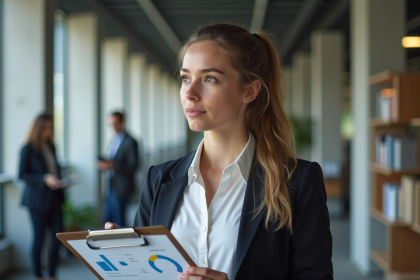 Jeune femme professionnelle dans un bureau moderne en train de revoir un graphique