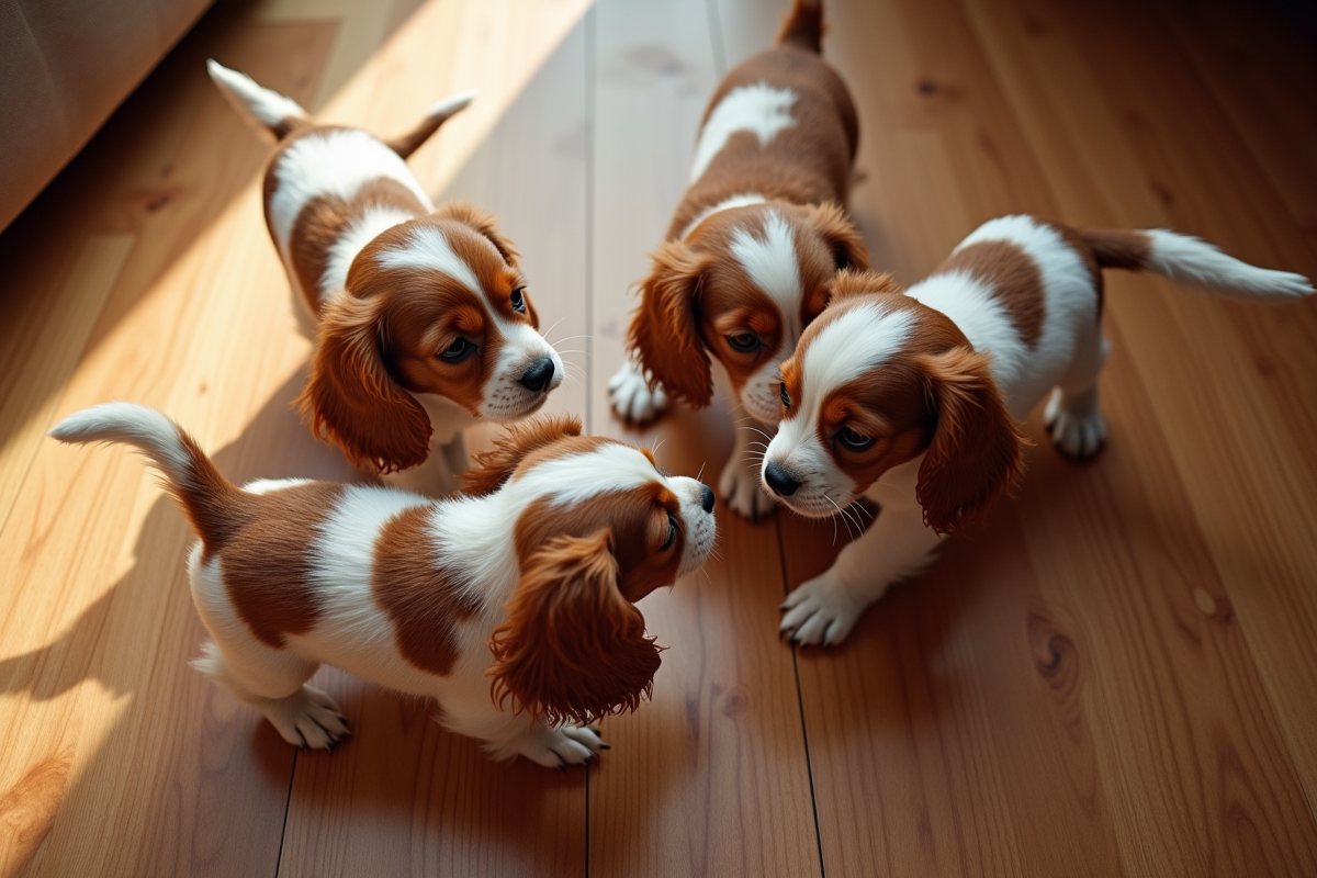 Plusieurs chiots cavalier king charles jouent en intérieur