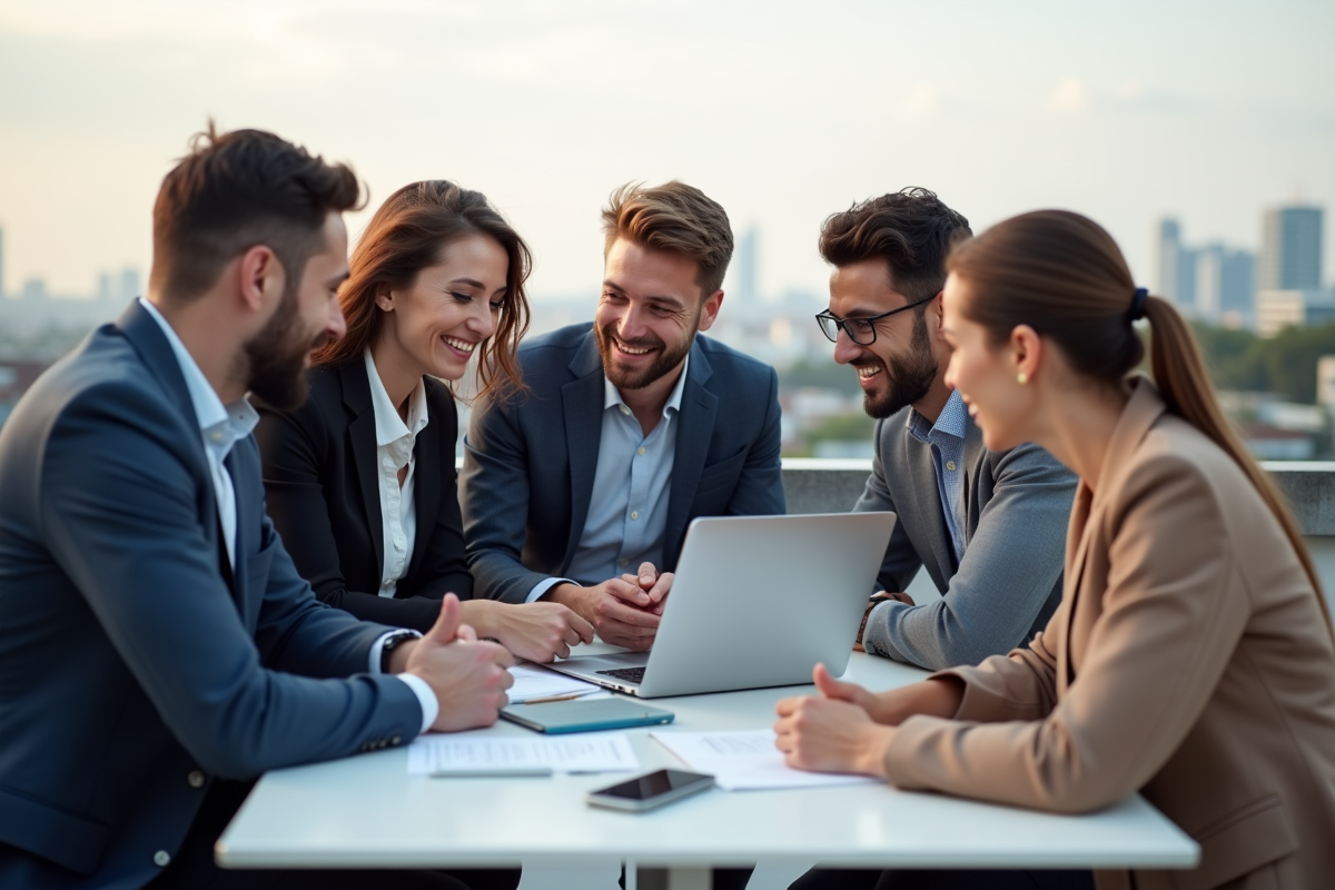 Groupe de jeunes professionnels collaborant en extérieur sur un toit