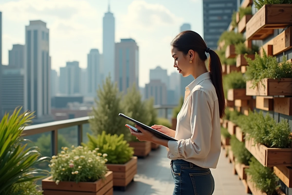 Jeune femme observant un jardin vertical sur un toit urbain
