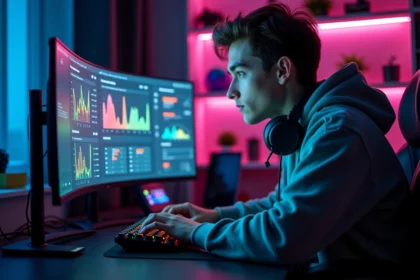 Joueur de League of Legends consultant ses statistiques de temps de jeu sur son écran de PC gaming
