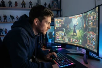 Joueur concentré devant un écran affichant l'interface de World of Warcraft avec un personnage Dromoy