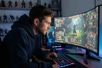 Joueur concentré devant un écran affichant l'interface de World of Warcraft avec un personnage Dromoy