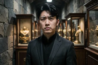 Jeune homme au regard déterminé dans une salle des ventes souterraine évoquant la quête de vengeance de Kurapika contre le clan des araignées