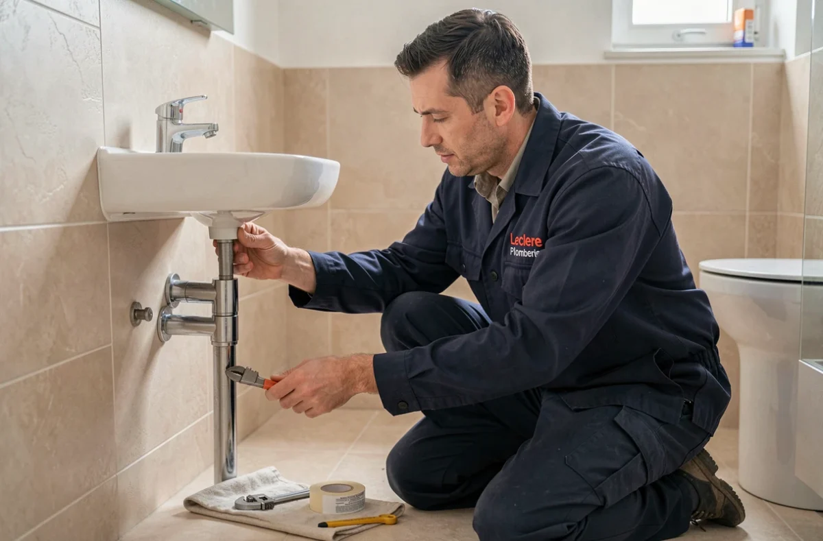 Technicien de Leclere Plomberie installant un robinet dans une salle de bain à Aix-en-Provence