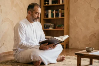 Homme lisant le Coran posé sur ses genoux dans un intérieur islamique traditionnel, illustrant la question des ablutions avant la lecture du Coran selon les écoles juridiques
