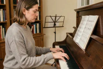 Femme adulte lisant des notes de musique au piano avec partition sur pupitre dans un salon chaleureux