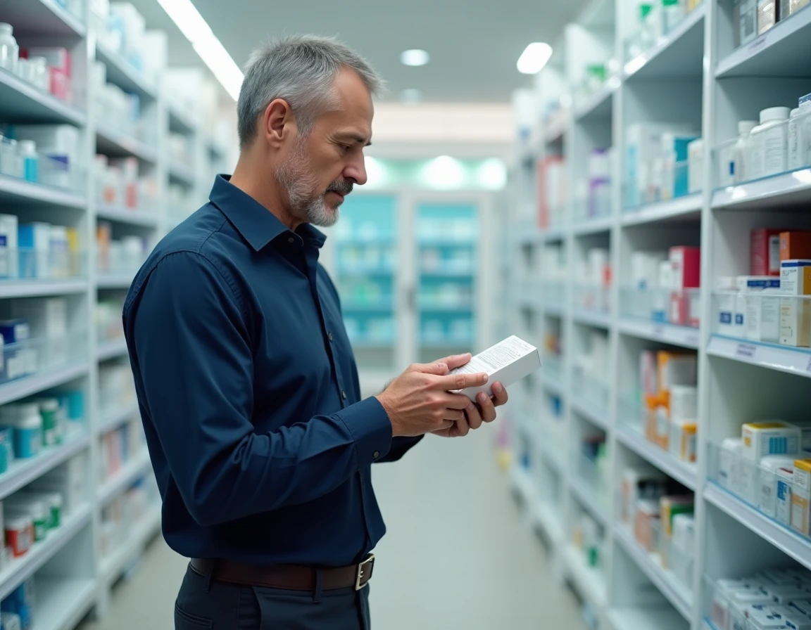 Homme lisant la notice d'un médicament en pharmacie pour comprendre le moment optimal de prise matin ou après-midi