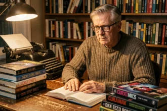 Homme passionné de science-fiction lisant un roman d'Asimov à son bureau entouré de livres empilés