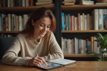 Femme lisant des scans de manga sur une tablette numérique dans un appartement moderne en France