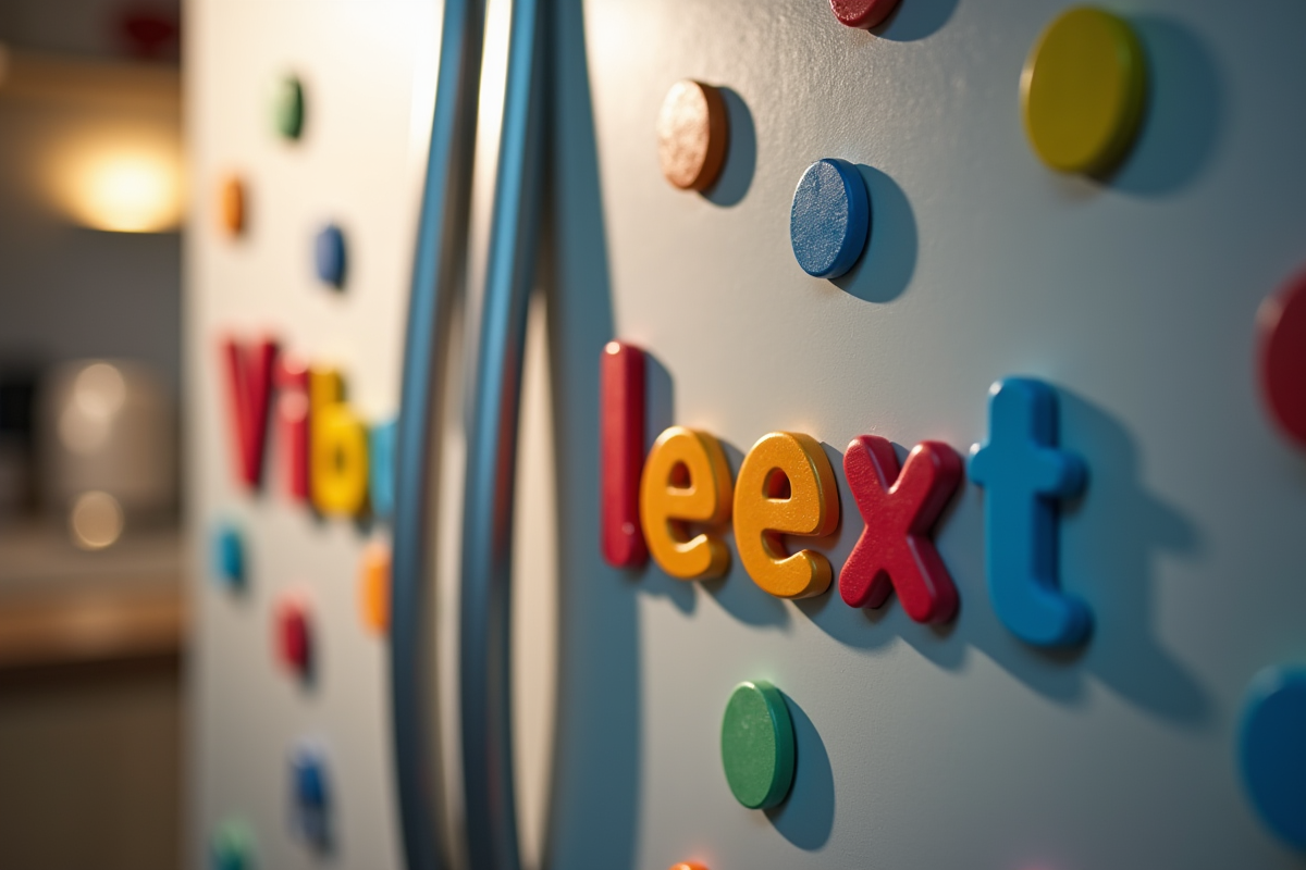 Magnets colorés formant des noms avec la lettre V sur un frigo