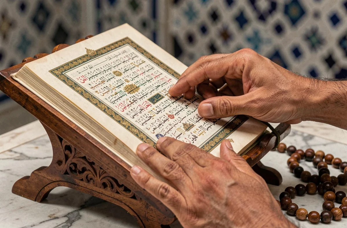 Gros plan sur des mains masculines feuilletant un Coran sur un rehal en bois sculpté, illustrant la question du contact physique avec le Coran et les conditions d'ablutions selon le fiqh islamique