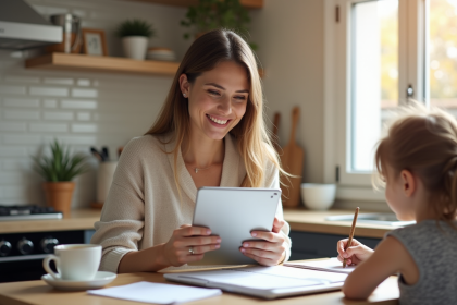Maman souriante utilisant une tablette dans la cuisine avec un enfant