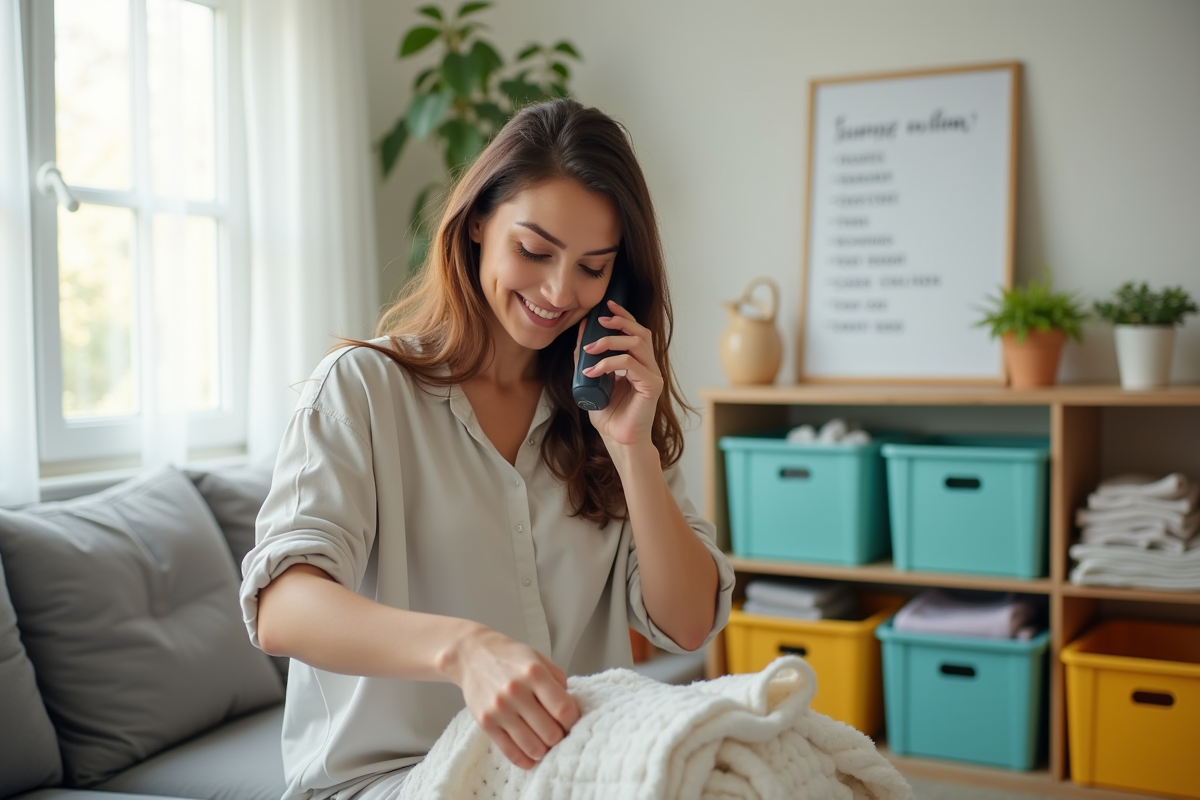 Maman multitaskant dans un salon lumineux avec linge et organisation