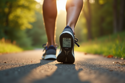 Personne marchant en sneakers sur un chemin nature avec podomètre